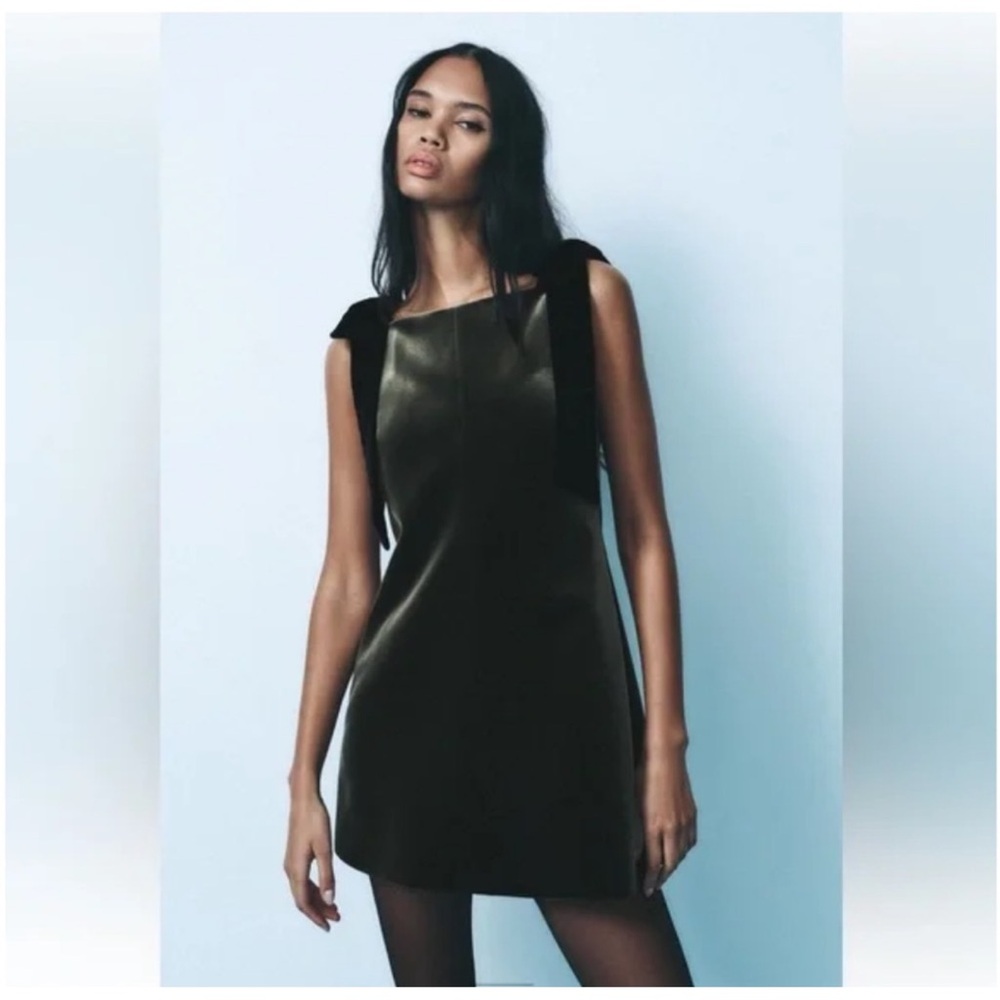 ZARA Olive Velvet Mini Dress with Black Bow Accents